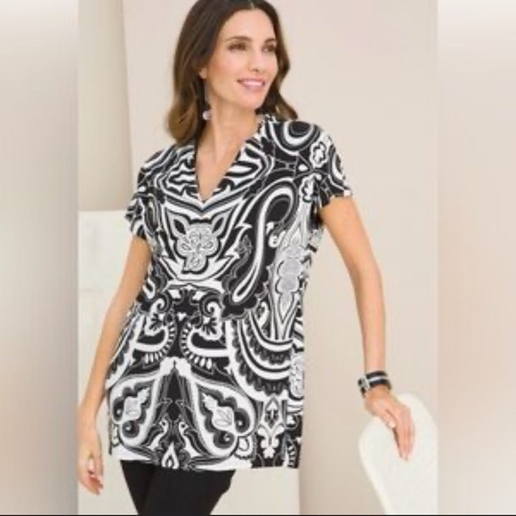 CHICO'S | Paisley Tunic Liquid Knit Top XL Black White Split Back V neck XL - Picture 1 of 5